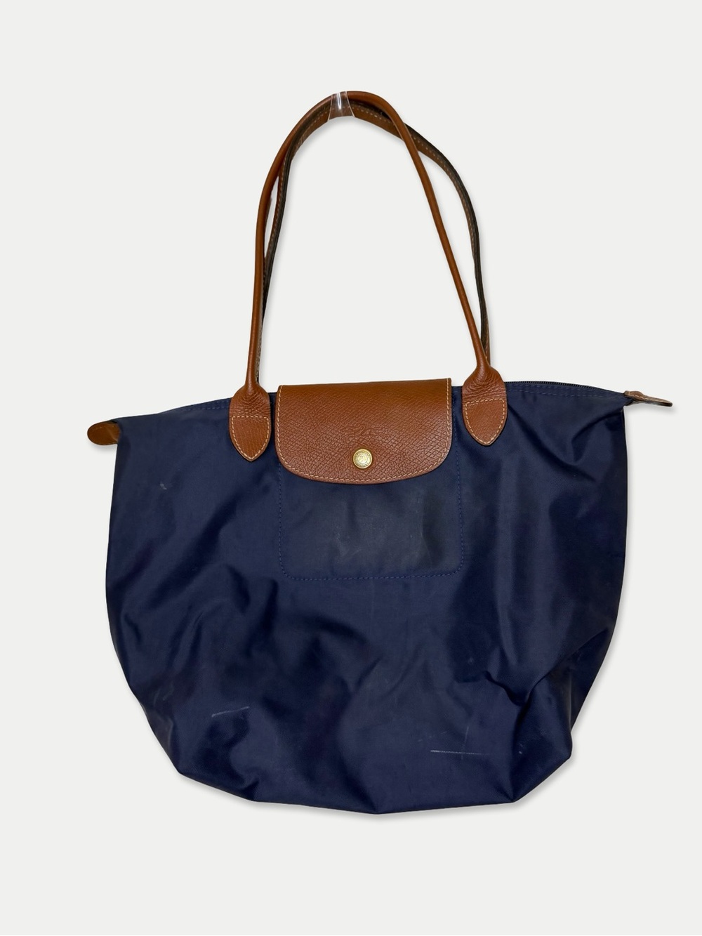 Longchamp Le Pliage Shopping Medium Navy Nylon Leather Long Handle Tote